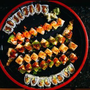 Lacquer tray of assorted sushi rolls