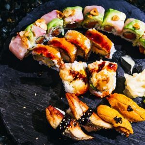 Bam Bam sushi roll, Rock and Roll sushi roll, unagi and uni sushis