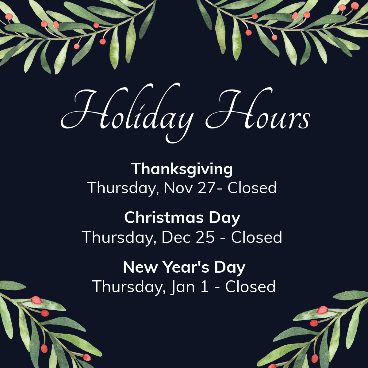 Holiday Hours